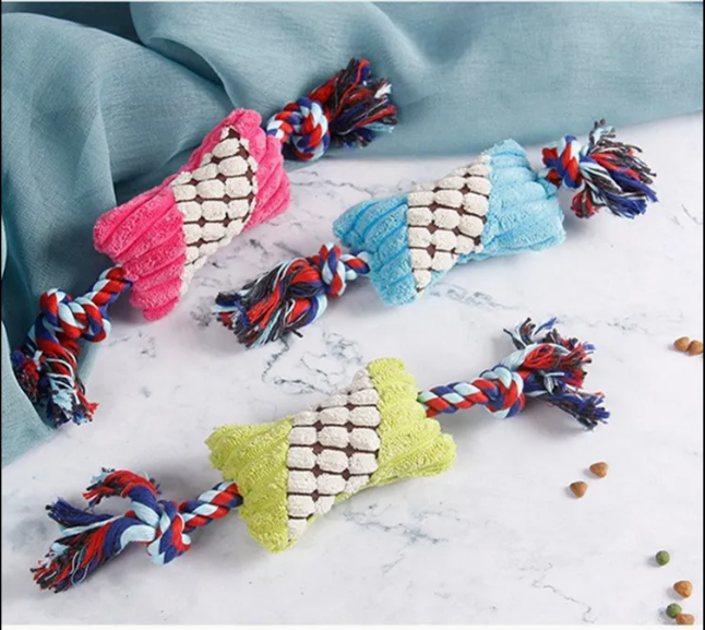 Juguete interactivo de algodón de cuerda de peluche resistente a las mordeduras para perros, con sonido y en forma de caramelo