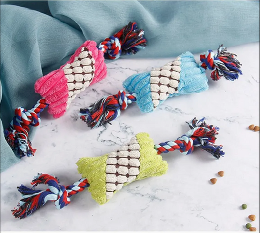 Juguete interactivo de algodón de cuerda de peluche resistente a las mordeduras para perros, con sonido y en forma de caramelo