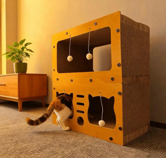 Casa De Madera 2 Niveles Gatos Cama Rascador Juegos