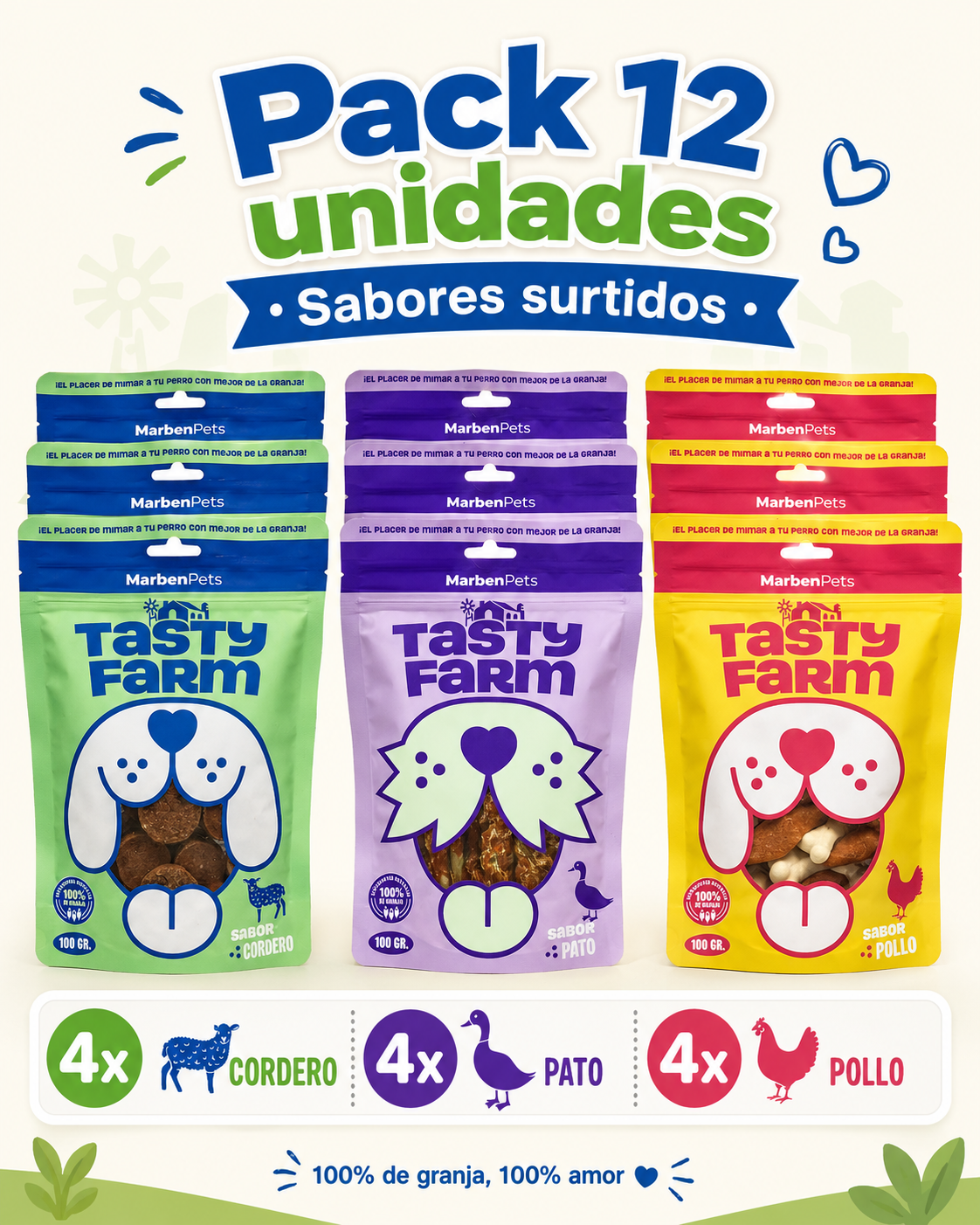 Pack Tasty Farm para Perros 12 Unidades – Snacks Surtidos de Cordero, Pato y Pollo
