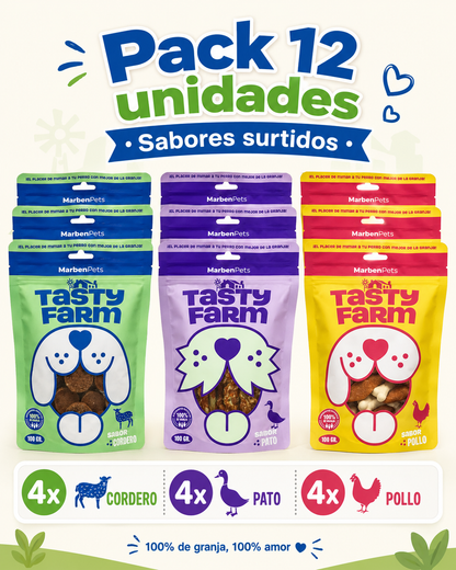 Pack Tasty Farm para Perros 12 Unidades – Snacks Surtidos de Cordero, Pato y Pollo